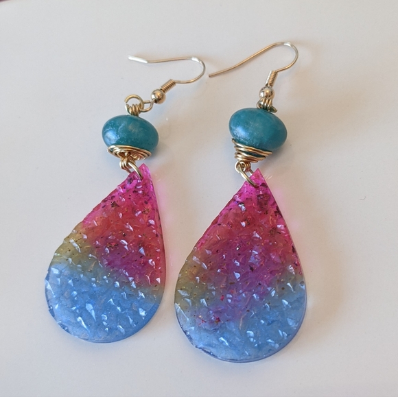 Hand Crafted Jewelry - Rainbow Druzy Earrings Teardrop Resin Dangly Sparkle Colorful Cute Artisan Boho